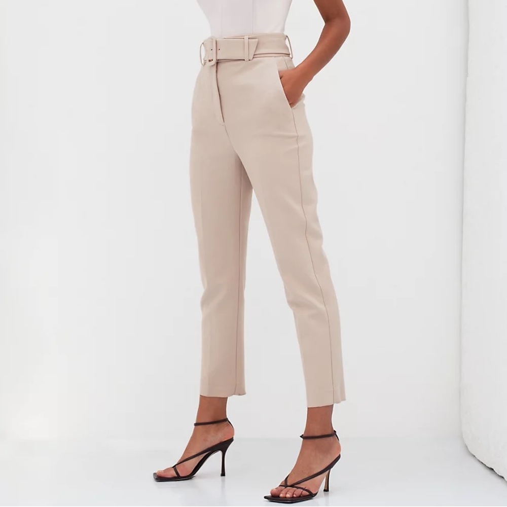 Babaton Beige High-Waist Cropped Belted Pants